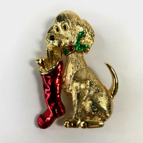 Vintage Gerry's Christmas Dog Gold Tone Red Enamel Stocking Pin Brooch - Picture 1 of 3